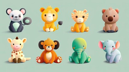 Naklejka premium Cute animal characters with simple, rounded features, ideal for children's products.