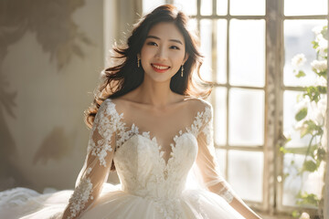 Fototapeta premium A woman in a white wedding dress is sitting in front of a window