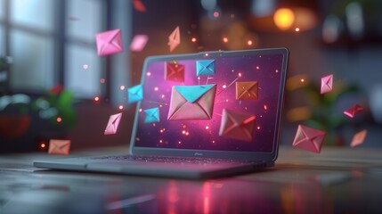 Laptop screen displaying 3D envelopes and letters for email marketing, detailed render