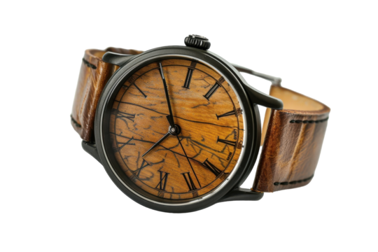 Wooden dial watch with leather strap Isolated On Transparent Background