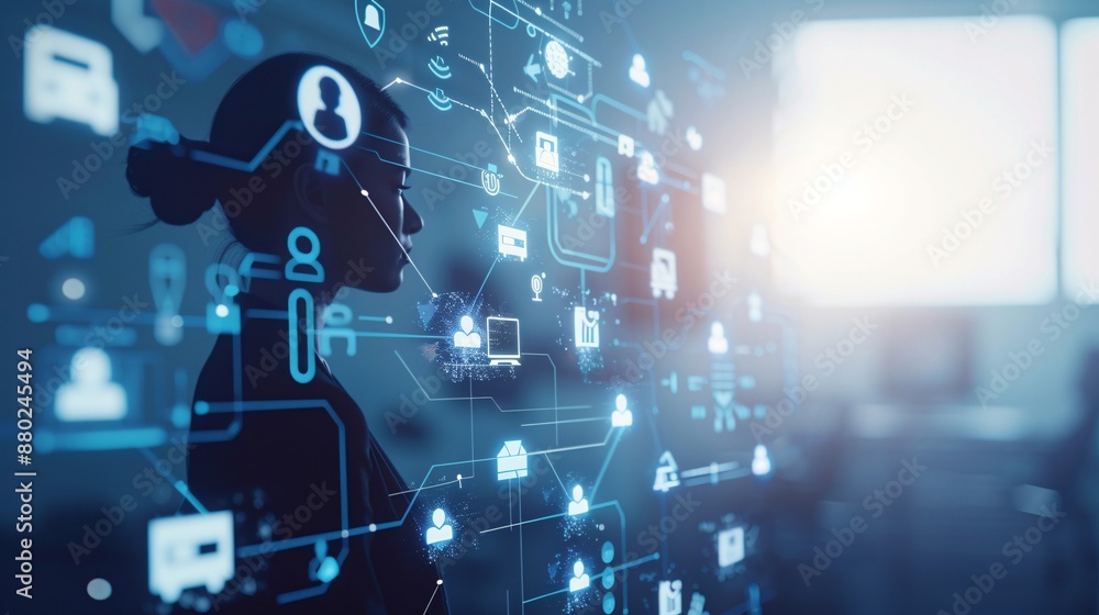 Poster a logistics manager s silhouette is juxtaposed with a network of digital icons representing automate