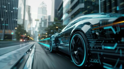 A sleek self-driving car cruising through a modern city, with advanced sensors and displays showing real-time data