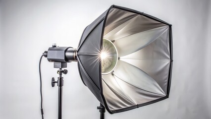 High-quality studio lighting equipment, softbox diffuser attached to a flash unit, sitting isolated on a clean white background surface.