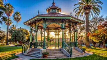 Obraz premium Ornate pavilion with intricate carvings shelters historic bell on winter day in serene public park in San Pedro California