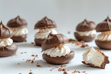 a group of chocolate covered desserts with whipped cream and chocolate