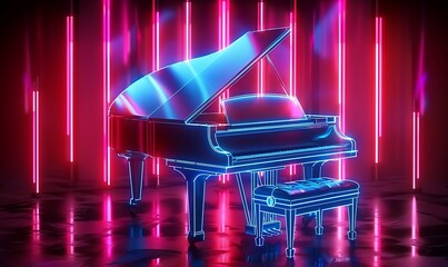 Piano on illuminated neon light background, Generative AI