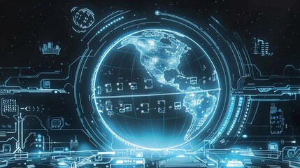 A cybernetic representation of the Earth with glowing blue grid lines