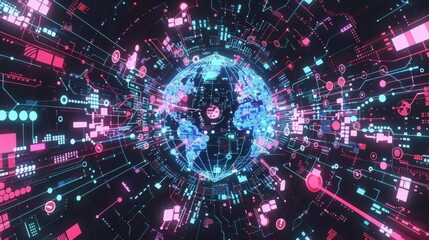 Fototapeta premium A futuristic digital interface featuring a glowing blue Earth with grid lines