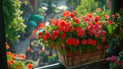 Obraz premium A charming window box garden filled with vibrant geraniums, overlooking a bustling garden below.
