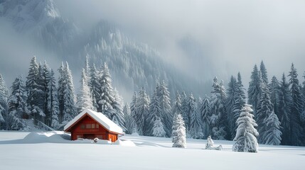 A cozy red cabin nestled in a snowy forest, with towering snow-covered mountains in the distance.