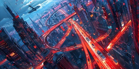 Aerial View of a Sprawling Futuristic Logistics Hub with Complex Networks and Cargo Planes