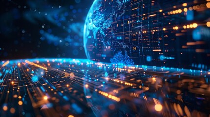 Obraz premium A cybernetic representation of the Earth with glowing blue grid lines