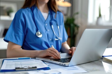 Nurse Working on Laptop in a Modern Office