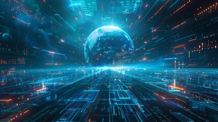 Obraz premium A futuristic digital landscape featuring a glowing blue Earth with grid overlays