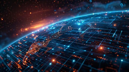 Obraz premium A hightech digital representation of the Earth with blue grid lines