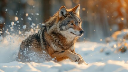 Fototapeta premium Majestic Wolf in Snowy Landscape at Sunset - Generative AI