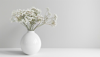 A majestic white vase with lovely white flowers elegantly sits on a white table © ЮРИЙ ПОЗДНИКОВ