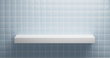 White shelf on pastel blue wall with square tile pattern. Bathroom or kitchen interior product podium. Realistic 3d vector illustration restroom or cuisine scene with empty goods display podium mockup