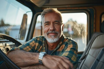 Happy confident male driver standing in front on his truck and looking at camera