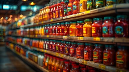 Colorful Shelves of Preserved Food Jars in a Grocery Store - Generative AI