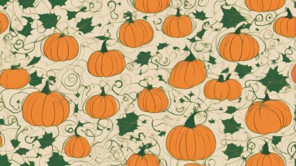 Repeating pattern of various-sized orange pumpkins with green leaves and vines. The design is playful and festive, ideal for fall and Halloween decorations.