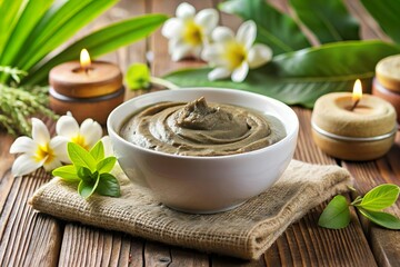 therapeutic spa mud in white bowl with flower decoration