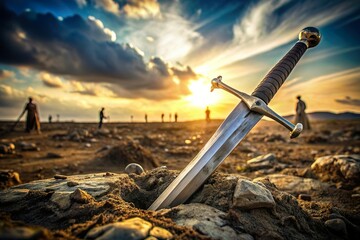 sword on battlefield ground. Medival fight and war