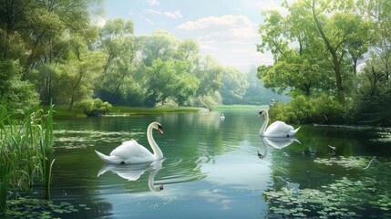 Photorealistic Summer Lake with Swans | Summer Background | Photorealistic