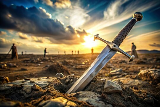 sword on battlefield ground. Medival fight and war