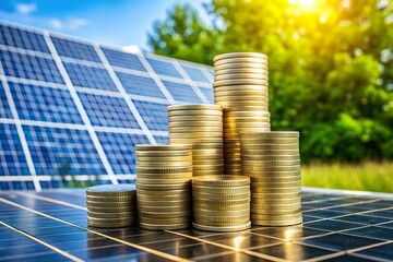 coin stack on solar panel. Renewable energy sector investment