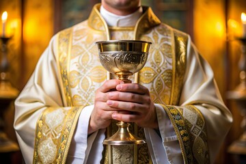 catholic priest hold holy chalice cup. Sacramental rite