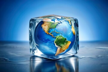 earth globe frozen in ice cube. Ice age climate concept