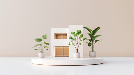 A modern minimalist house model with potted plants