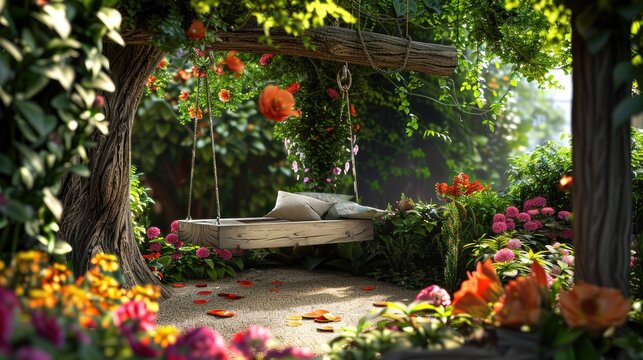 A cozy garden nook with a wooden swing hanging from a tree branch, surrounded by colorful flowers and lush greenery.