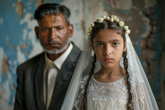 A young girl in a wedding dress standing next to an older man, looking uncertain and scared