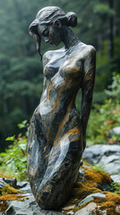 A Contemporary Art Of Pretty Female Stoneware Garden Sculpture On Selective Focus Background