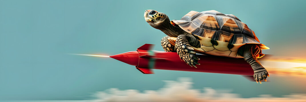 Tortoise riding rocket as speed up concept.&nbsp;
