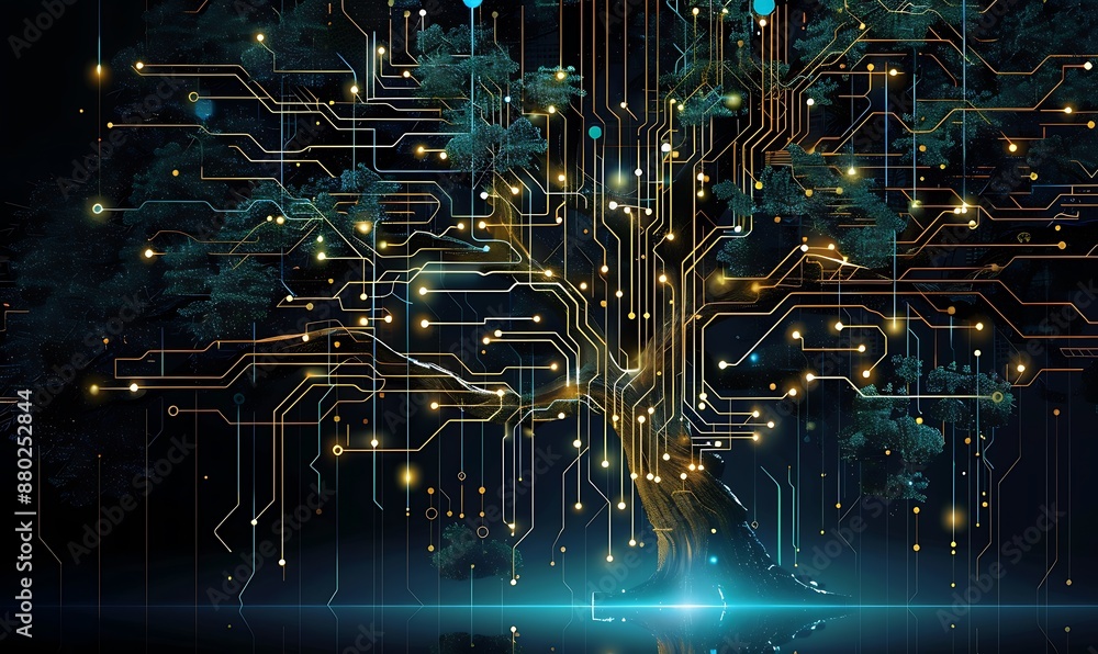 Poster modern futuristic digital circuit tree background, generative ai