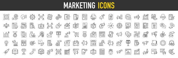 Marketing icon set with Workflow, Service, Word Of Mouth, Viral Marketing, Social Engagement, Newspaper, Configuration, Sms, Form, Printer, Advertise, Advertisement vector illustration.