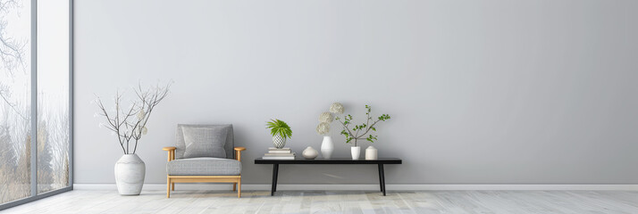 Living room interiors in plain colors, with minimal furniture and natural lighting. Realty interiors design composition.