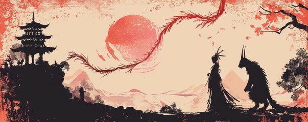Obraz premium A striking silhouette of noble lady and fox youkai in a fierce stance