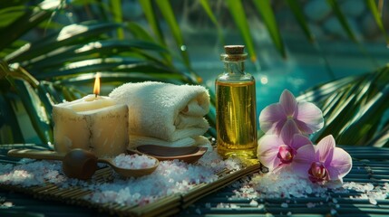 Photo of a spa sitting with orchids and salt, oil in a glass, soap, palm, on a mat.