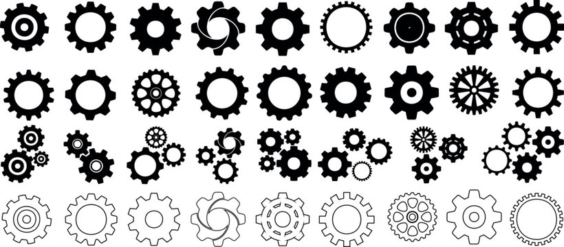 Gear icon vector set, black cogwheel vector collection, mechanical gear shapes, engineering symbols, industrial machinery, sprocket designs, abstract gearwheel graphics