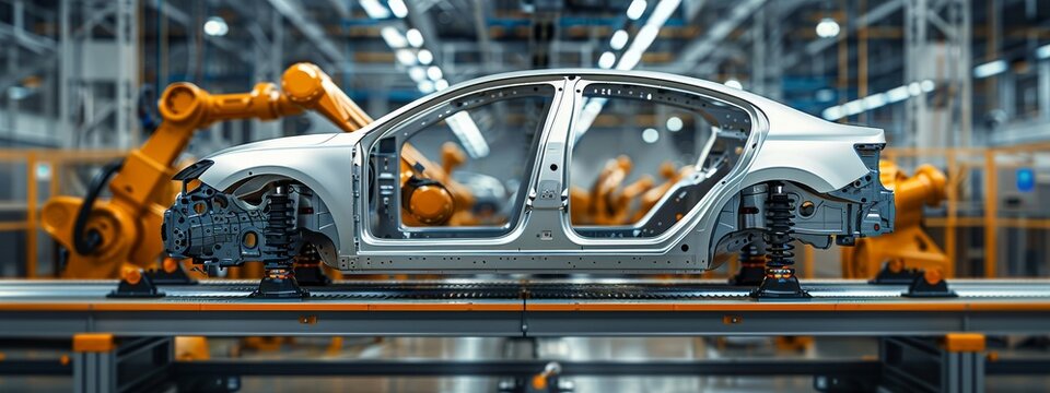 Car frame being assembled by robotic arms in an automotive production line