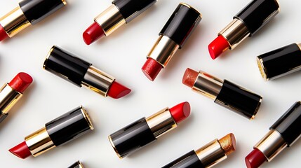 Obraz premium Top view photo of assorted lipsticks in elegant tubes on white background.