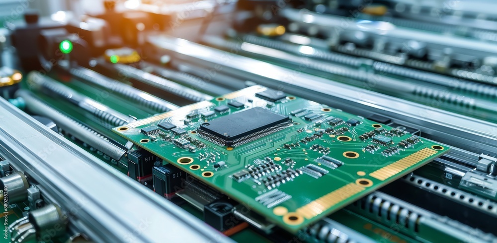 Poster close-up of electronic circuit board on automated production line in a modern factory