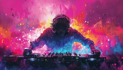 Vibrant DJ performing with colorful lights and smoke, creating an electrifying atmosphere during a live music event.