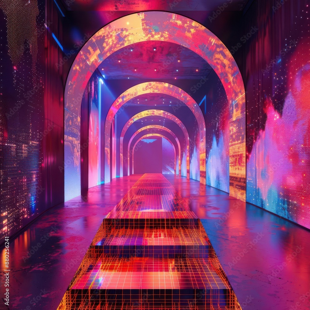 Poster futuristic corridor with vibrant neon lights and digital art projections, creating a mesmerizing vis