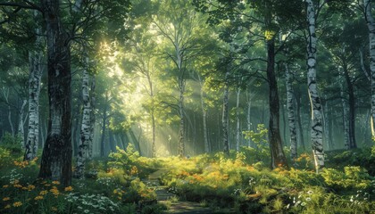 Fototapeta premium Sunlight filtering through lush green forest with tall trees and dense vegetation in a serene, peaceful nature setting.