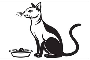  clean line art black silhouette Beautiful Cat asking for the food white background